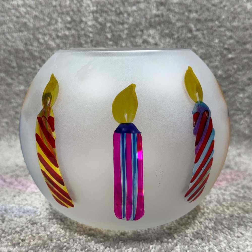 Teleflora Frosted Glass Bowl Hand Painted Birthday Candles‎ Votive Holder Gift